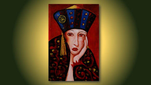Handgemaltes Ölbild Dame mit orientalischem Hut auf Leinwand, Blau und Gold, roter Hintergrund – Beispiel im Raum
