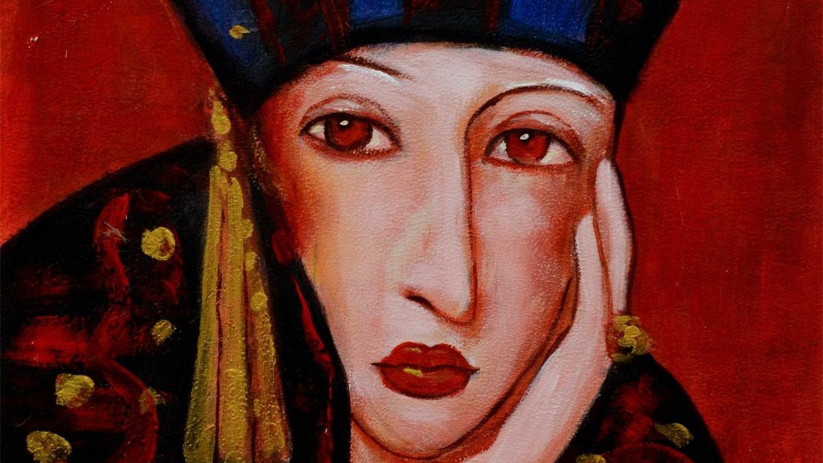 Handgemaltes Ölbild Dame mit orientalischem Hut auf Leinwand, Blau und Gold, roter Hintergrund – Detailansicht
