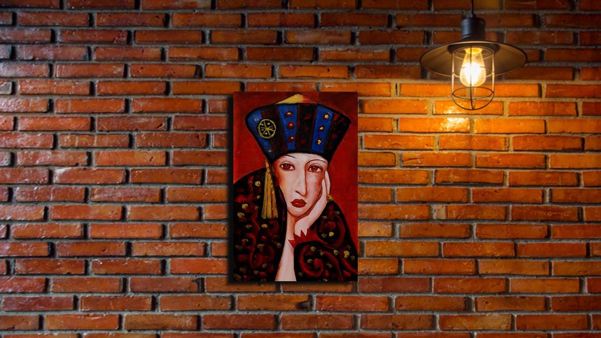 Handgemaltes Ölbild Dame mit orientalischem Hut auf Leinwand, Blau und Gold, roter Hintergrund – Beispiel im Raum