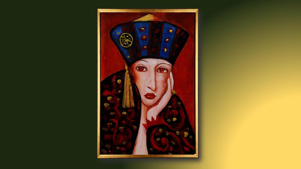 Handgemaltes Ölbild Dame mit orientalischem Hut auf Leinwand, Blau und Gold, roter Hintergrund, mit goldenem Rahmen – Beispiel im Raum