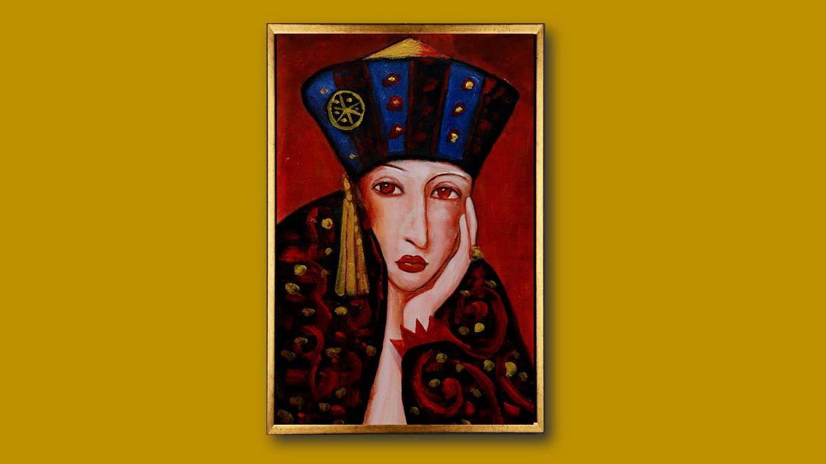 Handgemaltes Ölbild Dame mit orientalischem Hut auf Leinwand, Blau und Gold, roter Hintergrund, mit goldenem Rahmen – Beispiel im Raum