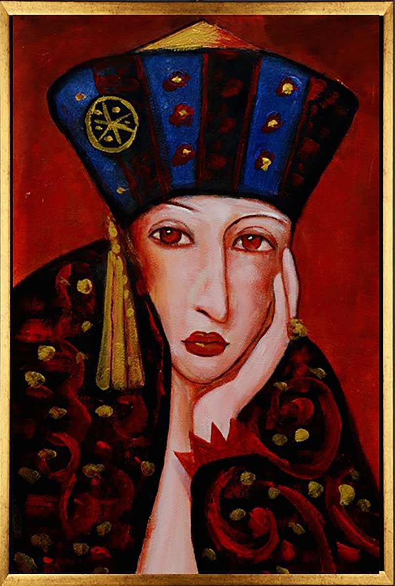 Handgemaltes Ölbild Dame mit orientalischem Hut auf Leinwand, Blau und Gold, roter Hintergrund, mit goldenem Rahmen