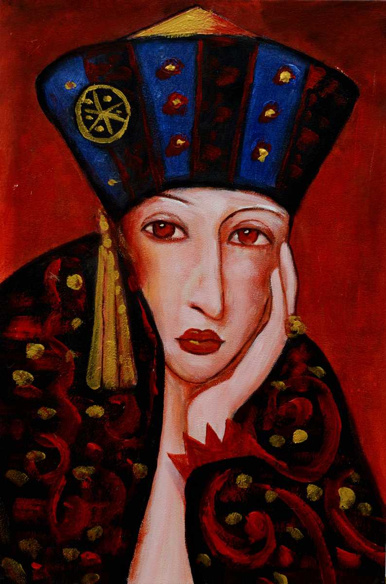 Handgemaltes Ölbild Dame mit orientalischem Hut auf Leinwand, Blau und Gold, roter Hintergrund