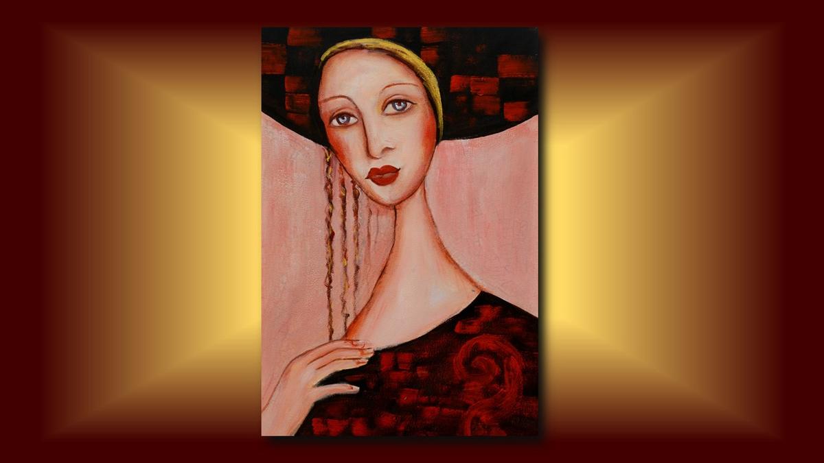 Handgemaltes Ölbild Dame mit gelbem Stirnband auf Leinwand, langes dunkles Haar, rosa Hintergrund – Beispiel im Raum