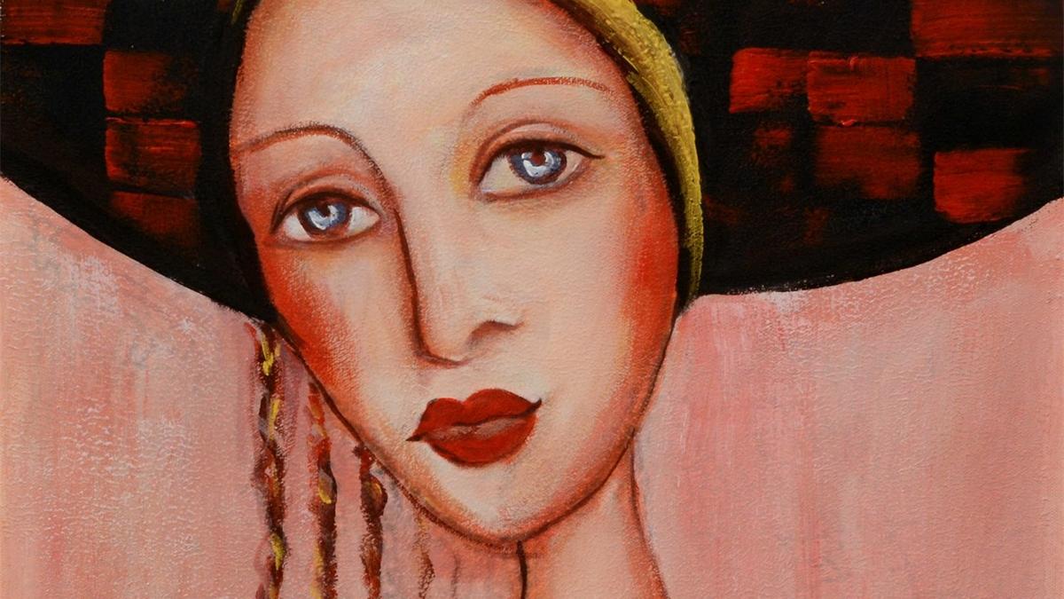 Handgemaltes Ölbild Dame mit gelbem Stirnband auf Leinwand, langes dunkles Haar, rosa Hintergrund – Detailansicht