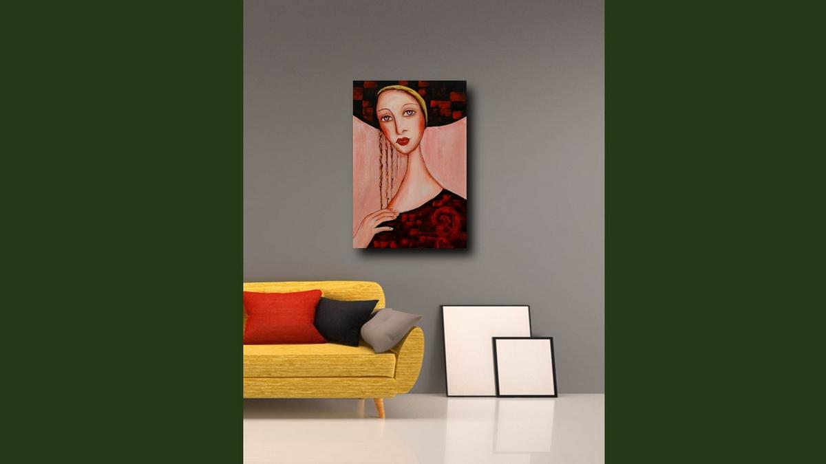 Handgemaltes Ölbild Dame mit gelbem Stirnband auf Leinwand, langes dunkles Haar, rosa Hintergrund – Beispiel im Raum