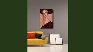 Handgemaltes Ölbild Dame mit gelbem Stirnband auf Leinwand, langes dunkles Haar, rosa Hintergrund – Beispiel im Raum