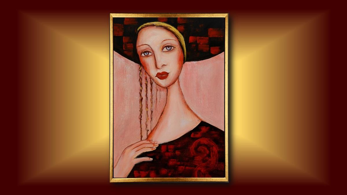 Handgemaltes Ölbild Dame mit gelbem Stirnband auf Leinwand, langes dunkles Haar, rosa Hintergrund, mit goldenem Rahmen – Beispiel im Raum