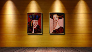 Handgemaltes Ölbild Dame mit gelbem Stirnband auf Leinwand, langes dunkles Haar, rosa Hintergrund, mit goldenem Rahmen – Beispiel im Raum