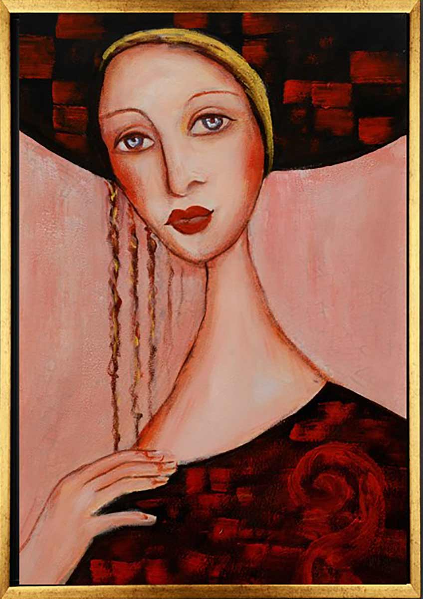 Handgemaltes Ölbild Dame mit gelbem Stirnband auf Leinwand, langes dunkles Haar, rosa Hintergrund, mit goldenem Rahmen