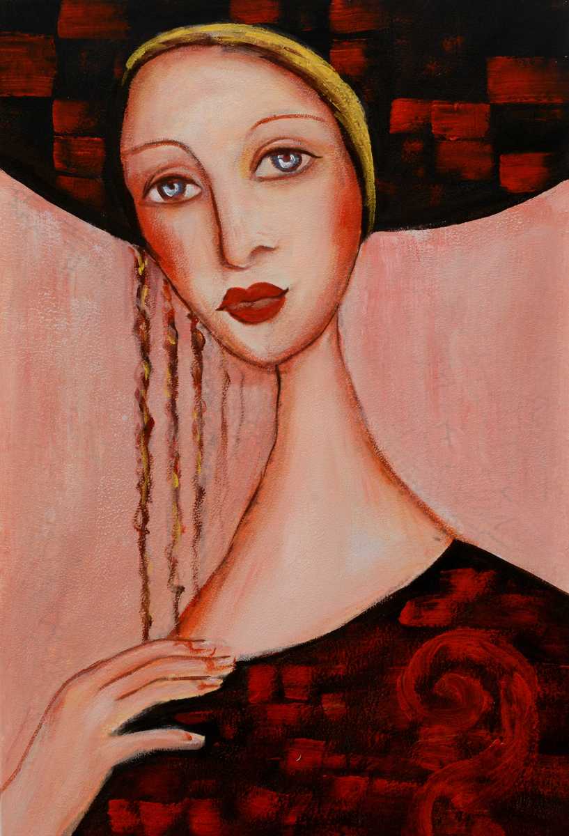Handgemaltes Ölbild Dame mit gelbem Stirnband auf Leinwand, langes dunkles Haar, rosa Hintergrund