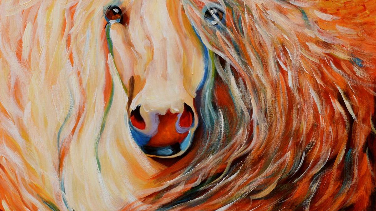 Handgemaltes Ölbild Pferd mit wehender Mähne auf Leinwand, warme Töne in Orange, Ocker und Creme – Detailansicht