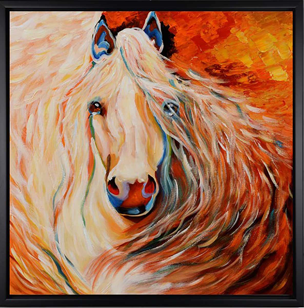 Handgemaltes Ölbild Pferd mit wehender Mähne auf Leinwand, warme Töne in Orange, Ocker und Creme, mit schwarzem Rahmen