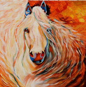 Handgemaltes Ölbild Pferd mit wehender Mähne auf Leinwand, warme Töne in Orange, Ocker und Creme