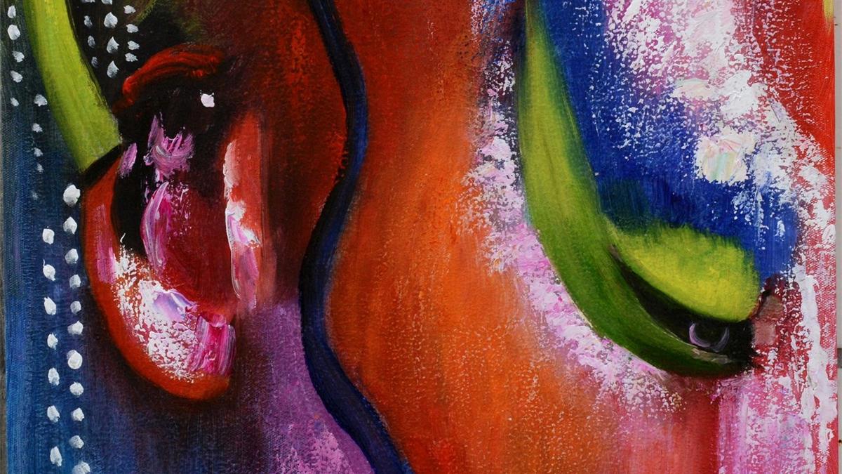 Handgemaltes Ölbild abstraktes Frauengesicht auf Leinwand, Spachtelstruktur in Rot, Violett und Pink – Detailansicht