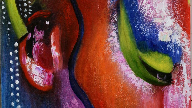 Handgemaltes Ölbild abstraktes Frauengesicht auf Leinwand, Spachtelstruktur in Rot, Violett und Pink – Detailansicht