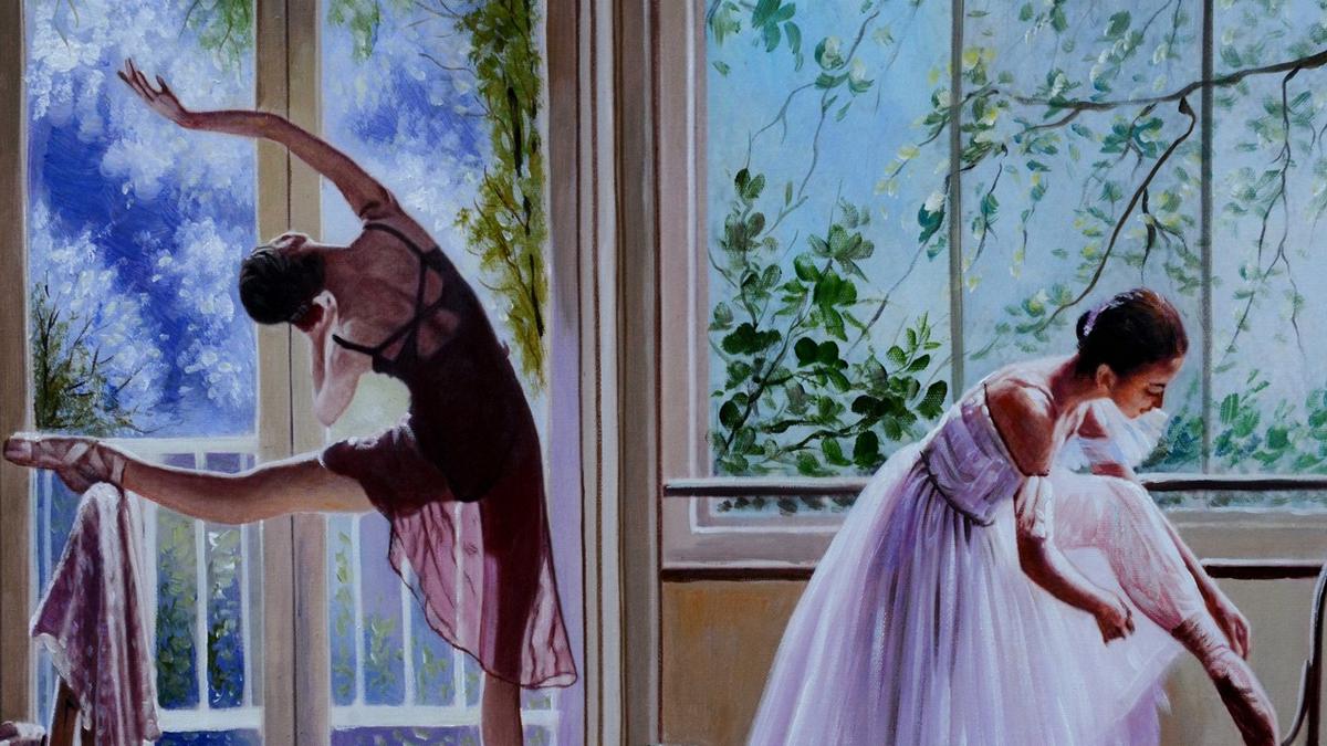 Handgemaltes Ölbild zwei Ballerinas beim Training auf Leinwand, helle Fenster, weisse Tutus, Lilatöne – Detailansicht