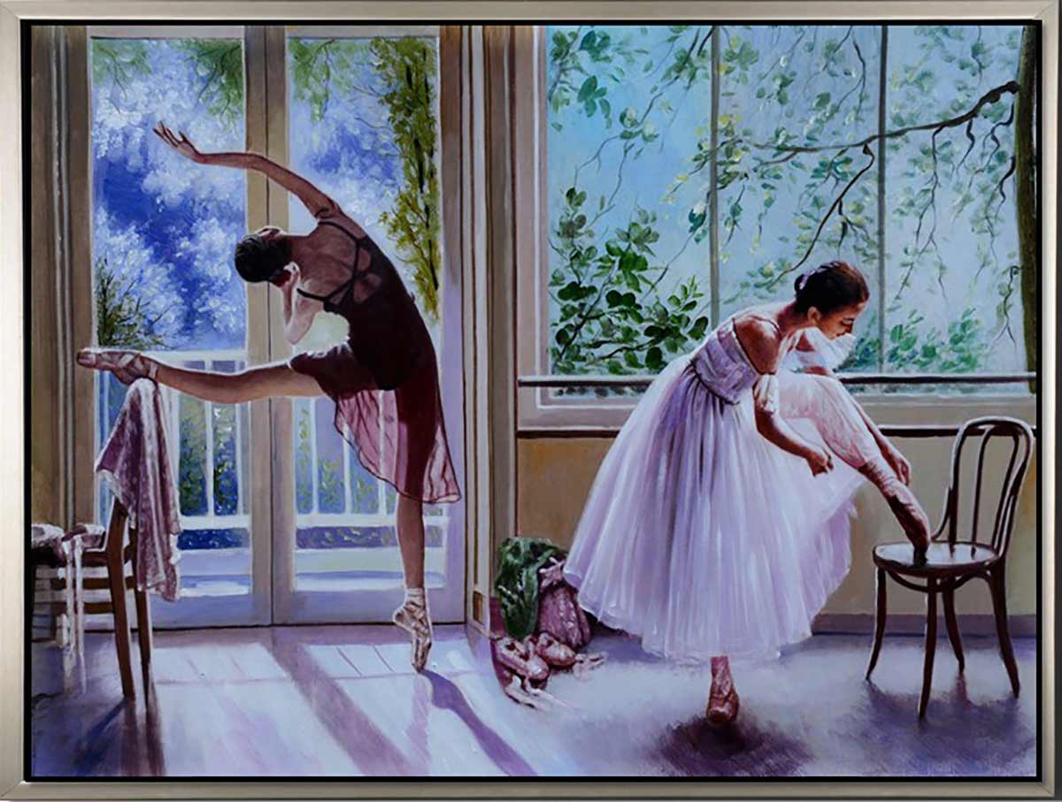 Handgemaltes Ölbild zwei Ballerinas beim Training auf Leinwand, helle Fenster, weisse Tutus, Lilatöne, mit silbernem Rahmen