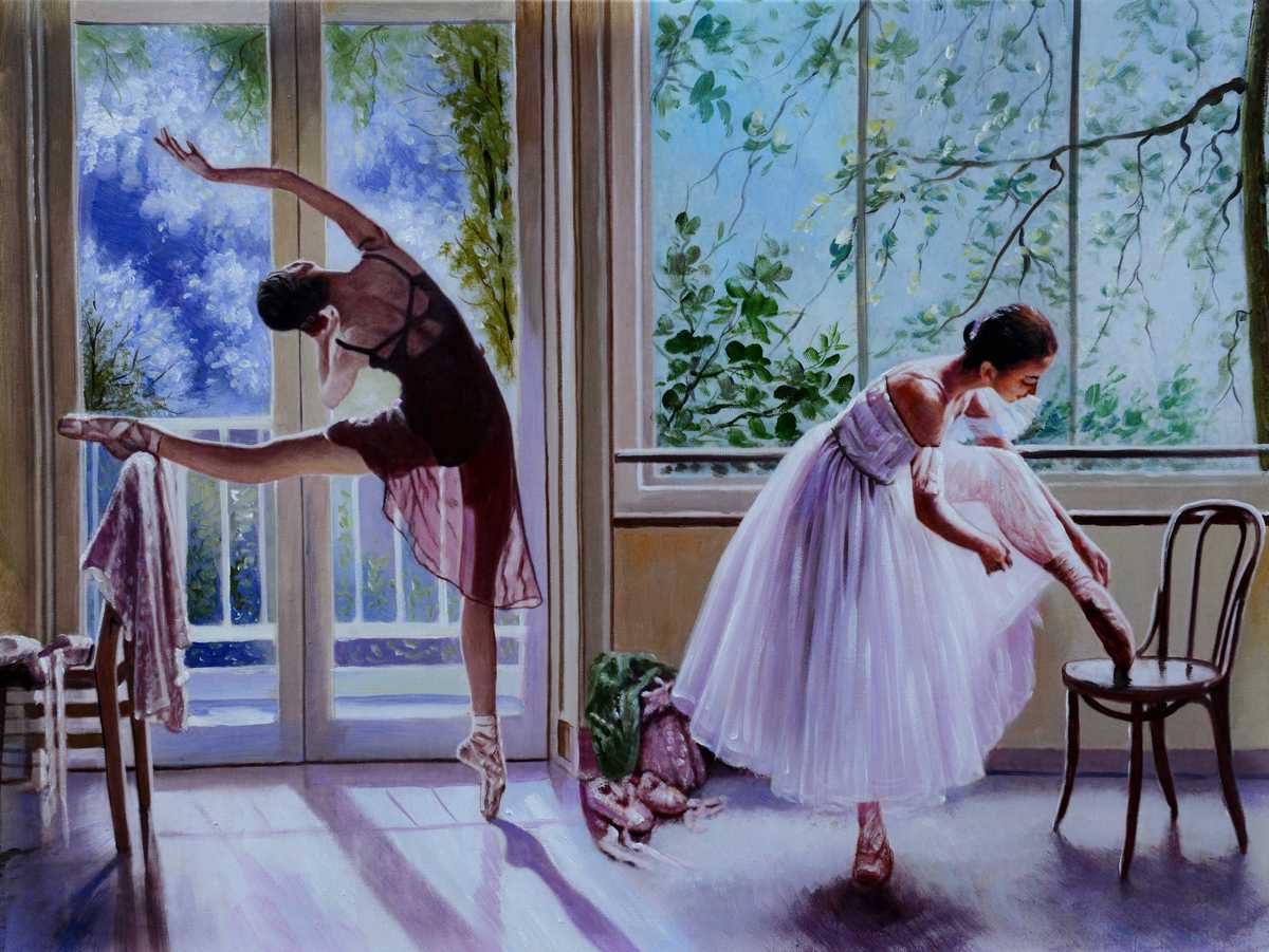 Handgemaltes Ölbild zwei Ballerinas beim Training auf Leinwand, helle Fenster, weisse Tutus, Lilatöne