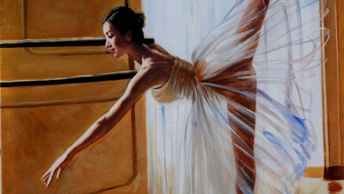 Handgemaltes Ölbild Ballerina am sonnigen Fenster auf Leinwand, warmes Licht, Honig- und Cremetöne – Detailansicht