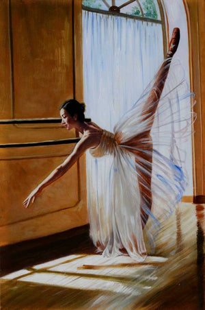 Handgemaltes Ölbild Ballerina am sonnigen Fenster auf Leinwand, warmes Licht, Honig- und Cremetöne