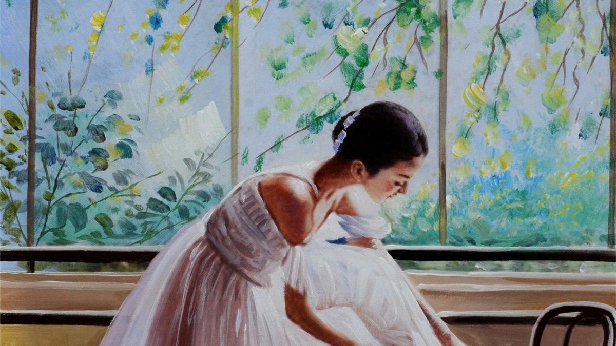 Handgemaltes Ölbild Ballerina mit Bugholzstuhl auf Leinwand, weisses Tutu, grüner Fensterblick – Detailansicht