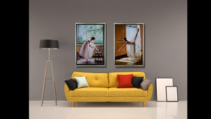 Handgemaltes Ölbild Ballerina mit Bugholzstuhl auf Leinwand, weisses Tutu, grüner Fensterblick, mit silbernem Rahmen – Beispiel im Raum