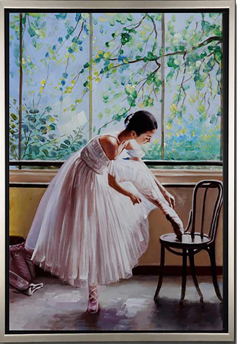 Handgemaltes Ölbild Ballerina mit Bugholzstuhl auf Leinwand, weisses Tutu, grüner Fensterblick, mit silbernem Rahmen