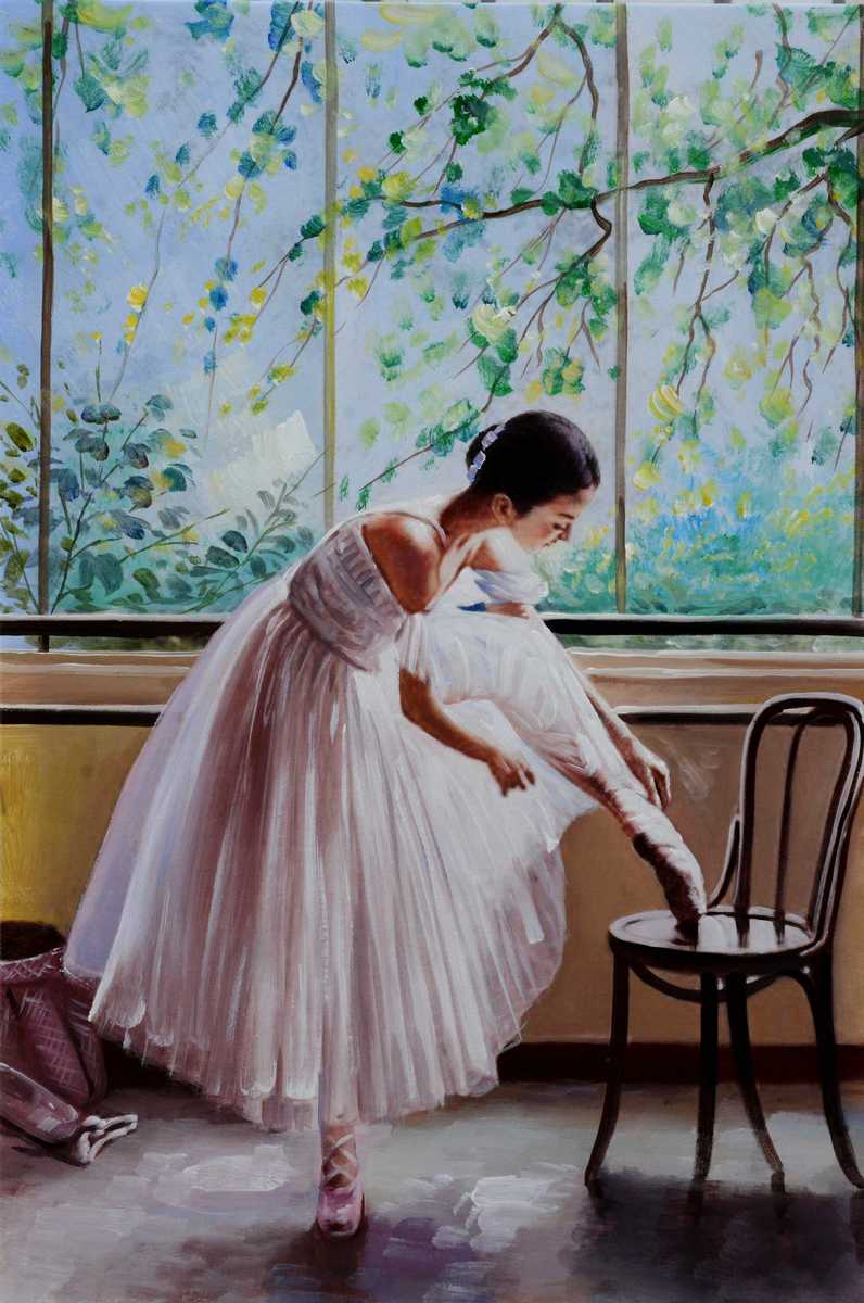 Handgemaltes Ölbild Ballerina mit Bugholzstuhl auf Leinwand, weisses Tutu, grüner Fensterblick