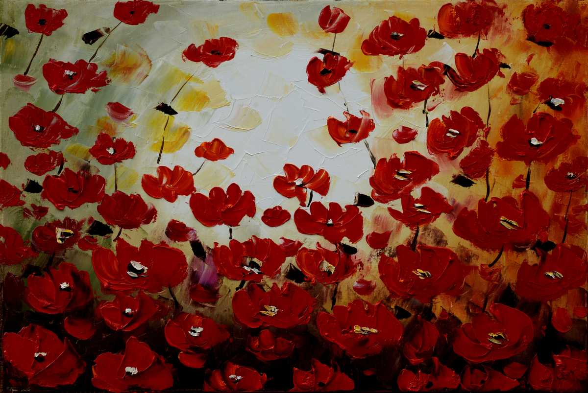 Handgemaltes Ölbild rotes Mohnblumenfeld auf Leinwand, pastose Spachteltechnik in Rot und Creme