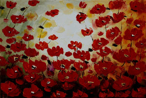 Handgemaltes Ölbild rotes Mohnblumenfeld auf Leinwand, pastose Spachteltechnik in Rot und Creme