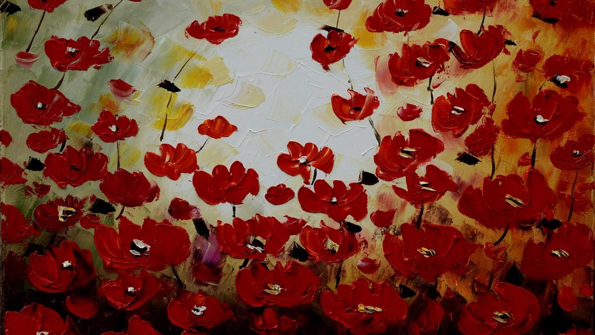 Handgemaltes Ölbild rotes Mohnblumenfeld auf Leinwand, pastose Spachteltechnik in Rot und Creme – Detailansicht