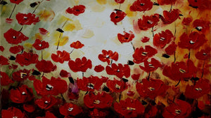 Handgemaltes Ölbild rotes Mohnblumenfeld auf Leinwand, pastose Spachteltechnik in Rot und Creme – Detailansicht