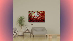Handgemaltes Ölbild rotes Mohnblumenfeld auf Leinwand, pastose Spachteltechnik in Rot und Creme – Beispiel im Raum
