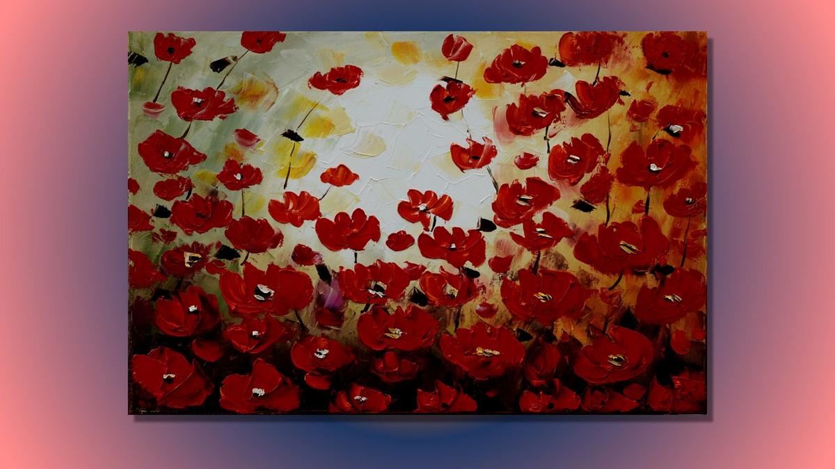Handgemaltes Ölbild rotes Mohnblumenfeld auf Leinwand, pastose Spachteltechnik in Rot und Creme – Beispiel im Raum