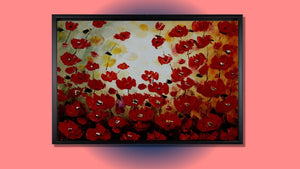 Handgemaltes Ölbild rotes Mohnblumenfeld auf Leinwand, pastose Spachteltechnik in Rot und Creme, mit schwarzem Rahmen – Beispiel im Raum