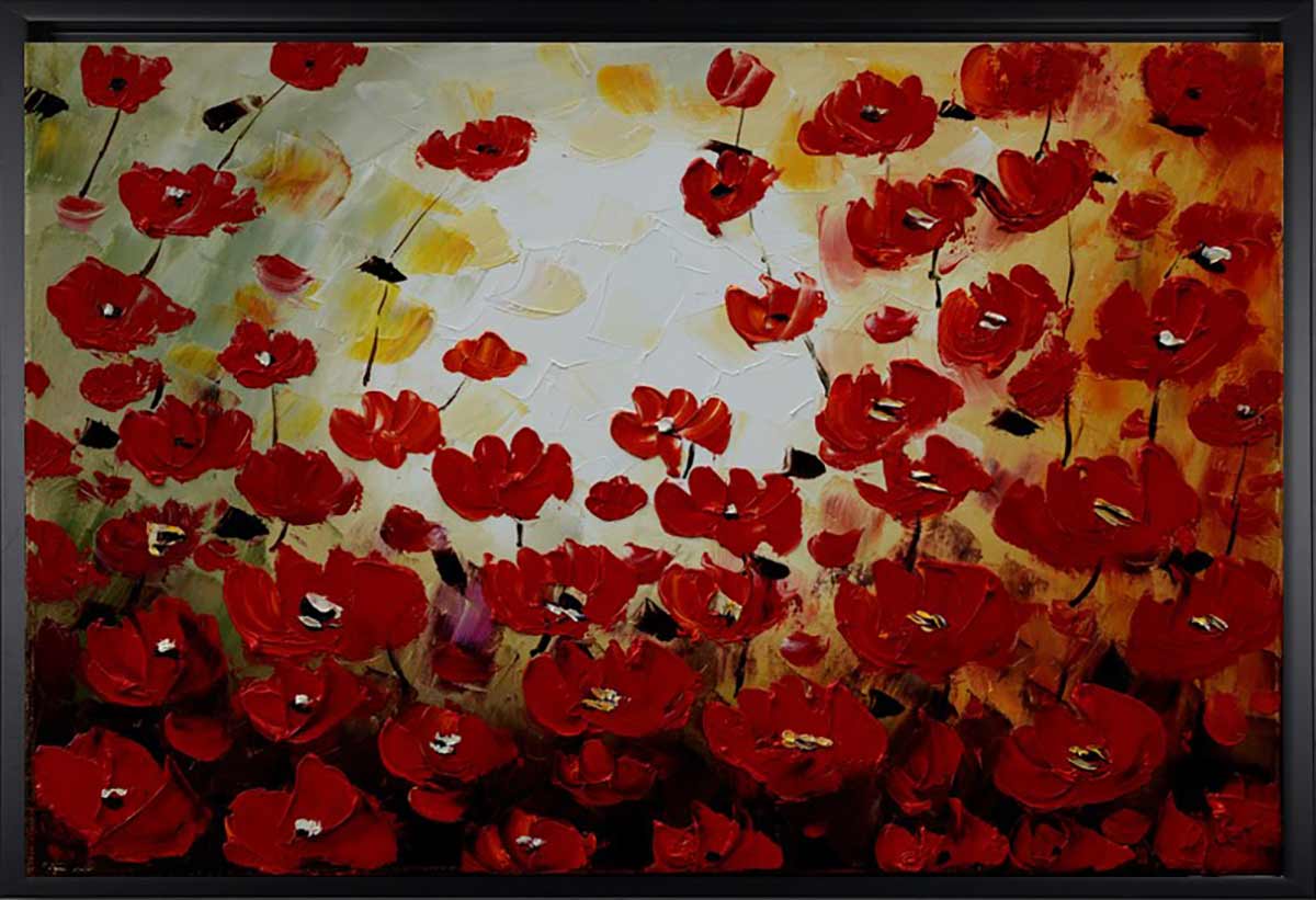 Handgemaltes Ölbild rotes Mohnblumenfeld auf Leinwand, pastose Spachteltechnik in Rot und Creme, mit schwarzem Rahmen