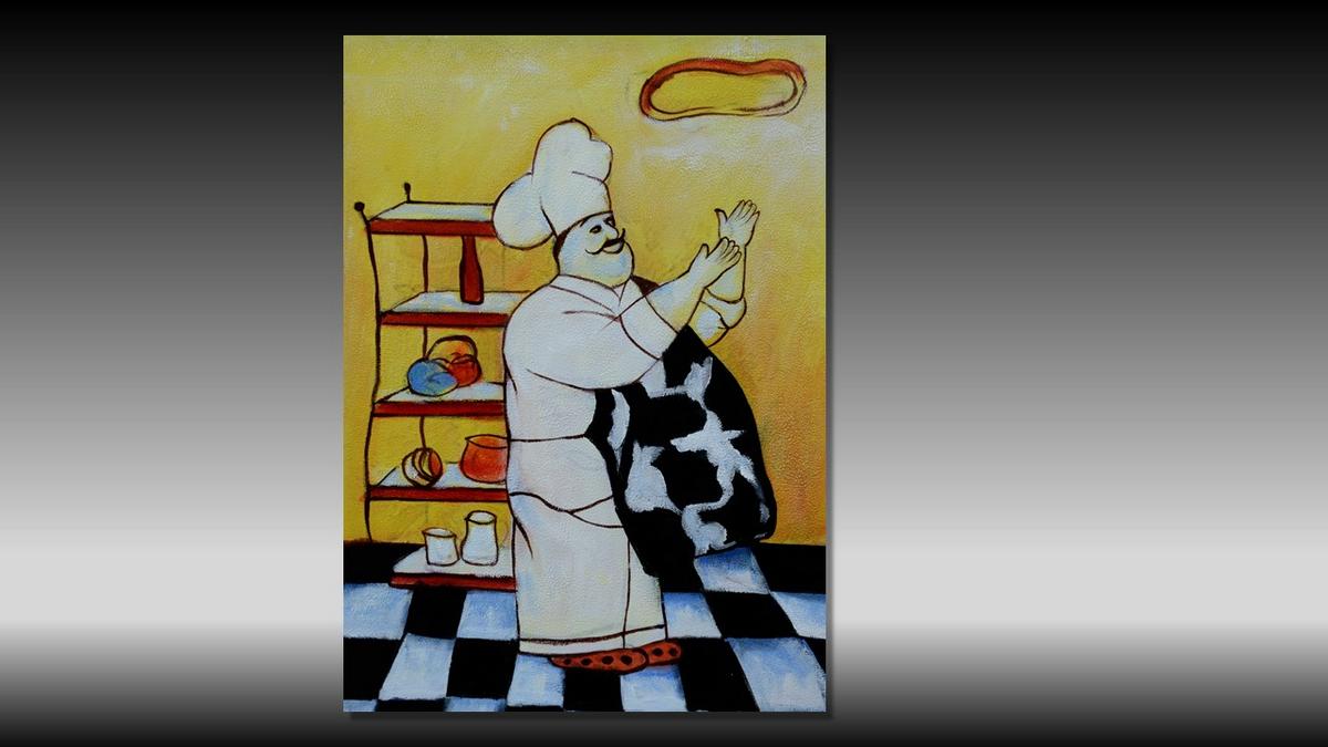 Handgemaltes Ölbild fröhlicher Koch mit Pizzateig auf Leinwand, gelber Hintergrund, Schachbrettboden – Beispiel im Raum