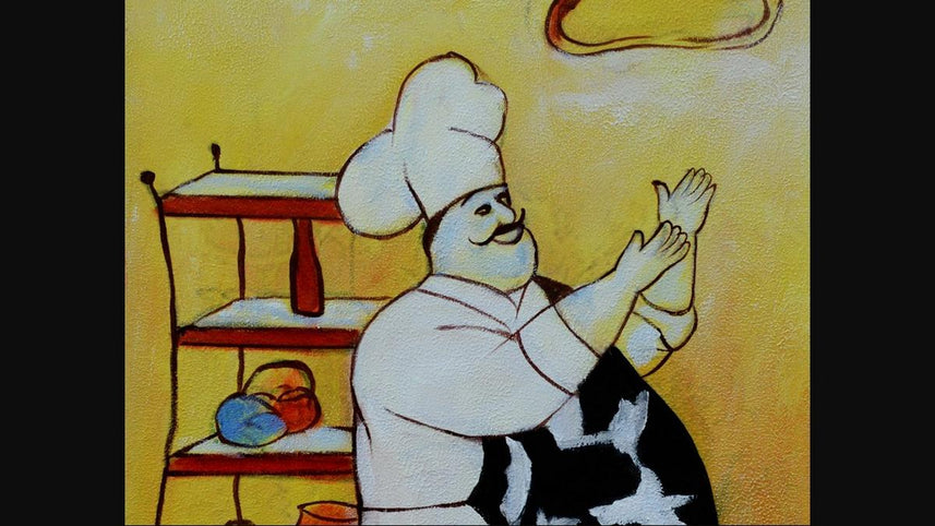 Handgemaltes Ölbild fröhlicher Koch mit Pizzateig auf Leinwand, gelber Hintergrund, Schachbrettboden – Detailansicht