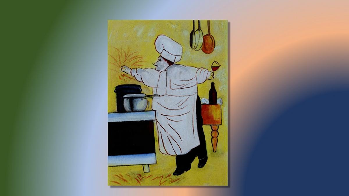 Handgemaltes Ölbild Koch am Herd auf Leinwand, Kochmütze, Topf und Rotwein, gelber Hintergrund – Beispiel im Raum