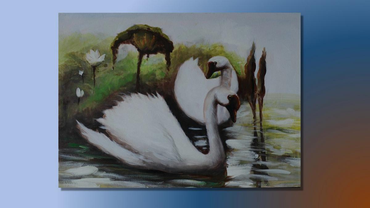 Handgemaltes Ölbild weisser Schwan auf dem See auf Leinwand, Seerosen, Grün- und Weisstöne – Beispiel im Raum