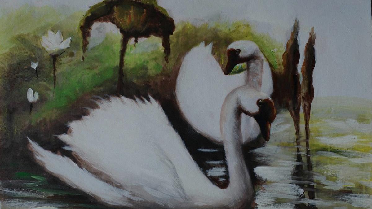 Handgemaltes Ölbild weisser Schwan auf dem See auf Leinwand, Seerosen, Grün- und Weisstöne – Detailansicht