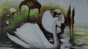 Handgemaltes Ölbild weisser Schwan auf dem See auf Leinwand, Seerosen, Grün- und Weisstöne – Detailansicht