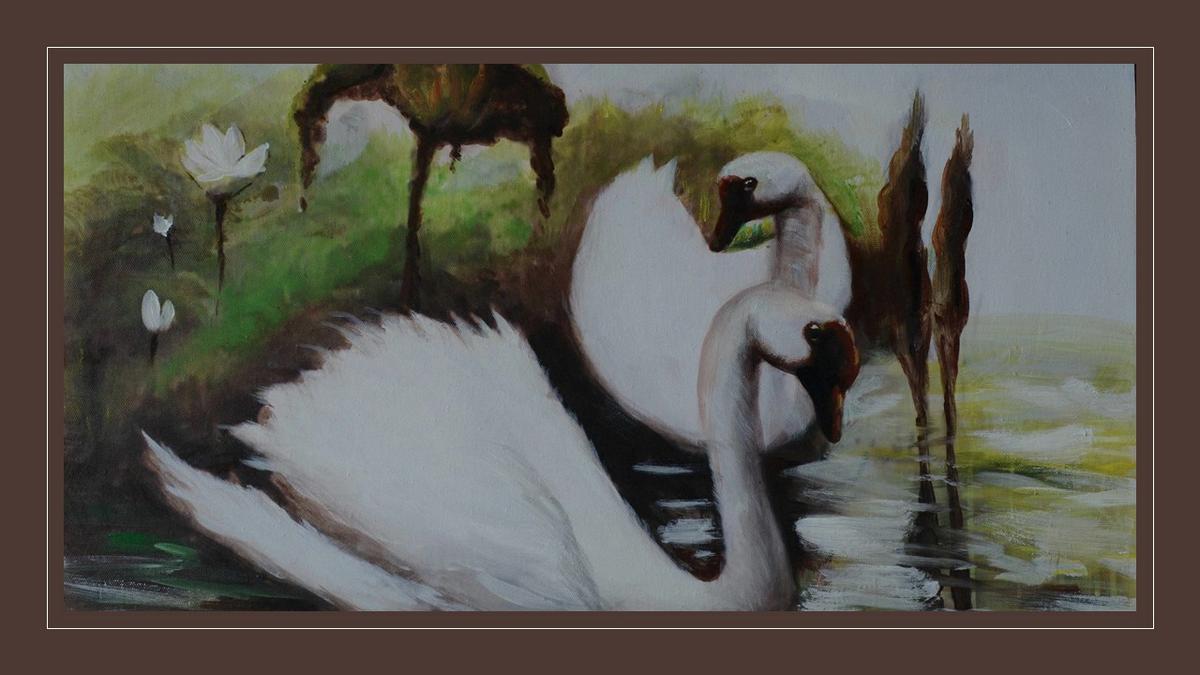 Handgemaltes Ölbild weisser Schwan auf dem See auf Leinwand, Seerosen, Grün- und Weisstöne – Beispiel im Raum