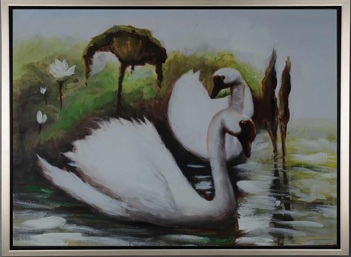 Handgemaltes Ölbild weisser Schwan auf dem See auf Leinwand, Seerosen, Grün- und Weisstöne, mit silbernem Rahmen