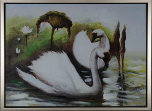 Handgemaltes Ölbild weisser Schwan auf dem See auf Leinwand, Seerosen, Grün- und Weisstöne, mit silbernem Rahmen
