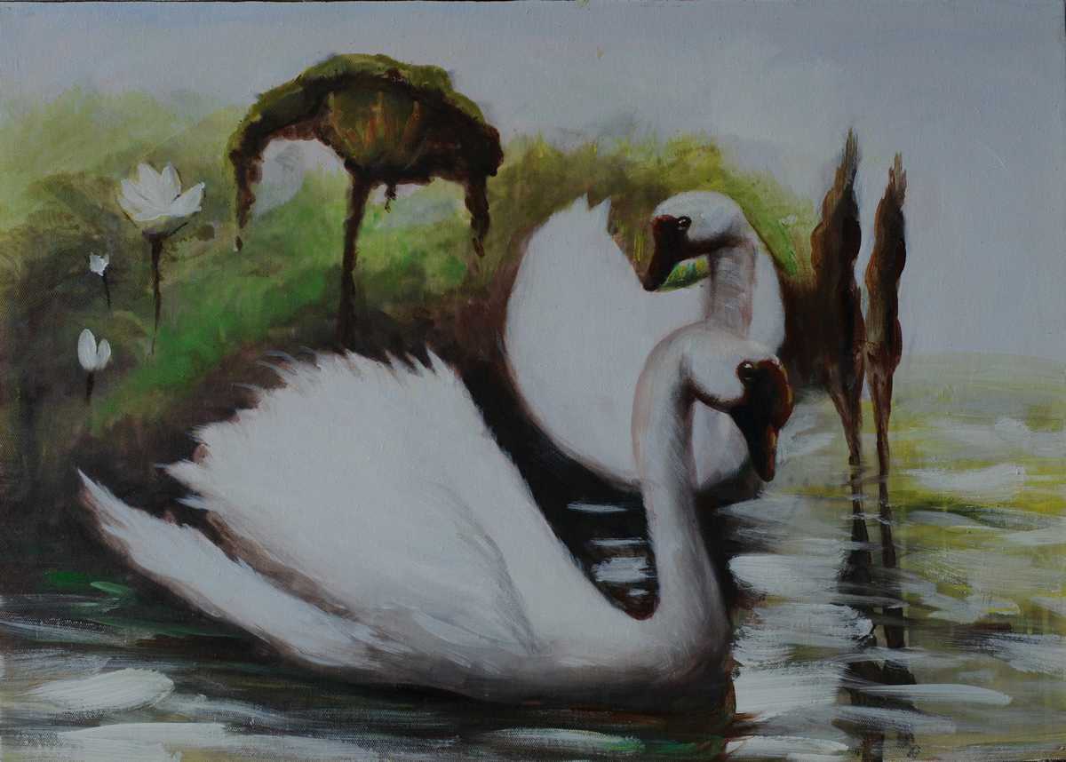 Handgemaltes Ölbild weisser Schwan auf dem See auf Leinwand, Seerosen, Grün- und Weisstöne