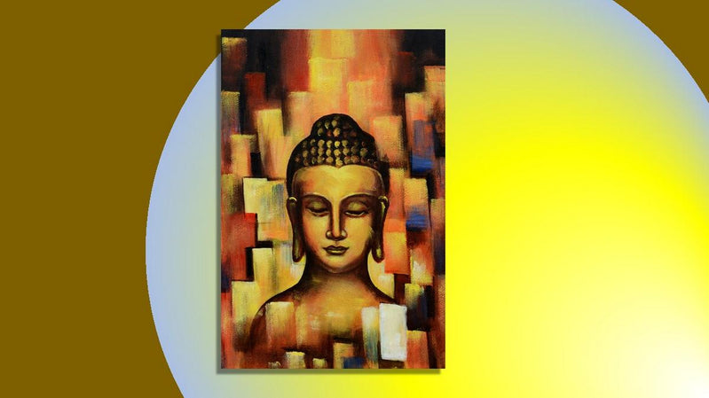 Handgemaltes Ölbild Buddha auf Leinwand, abstrakter Hintergrund in Gold, Orange und Rot, Spachteltechnik – Beispiel im Raum