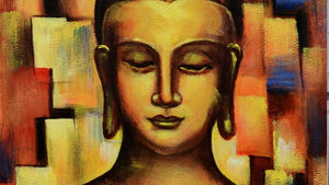 Handgemaltes Ölbild Buddha auf Leinwand, abstrakter Hintergrund in Gold, Orange und Rot, Spachteltechnik – Detailansicht