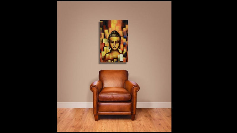 Handgemaltes Ölbild Buddha auf Leinwand, abstrakter Hintergrund in Gold, Orange und Rot, Spachteltechnik – Beispiel im Raum